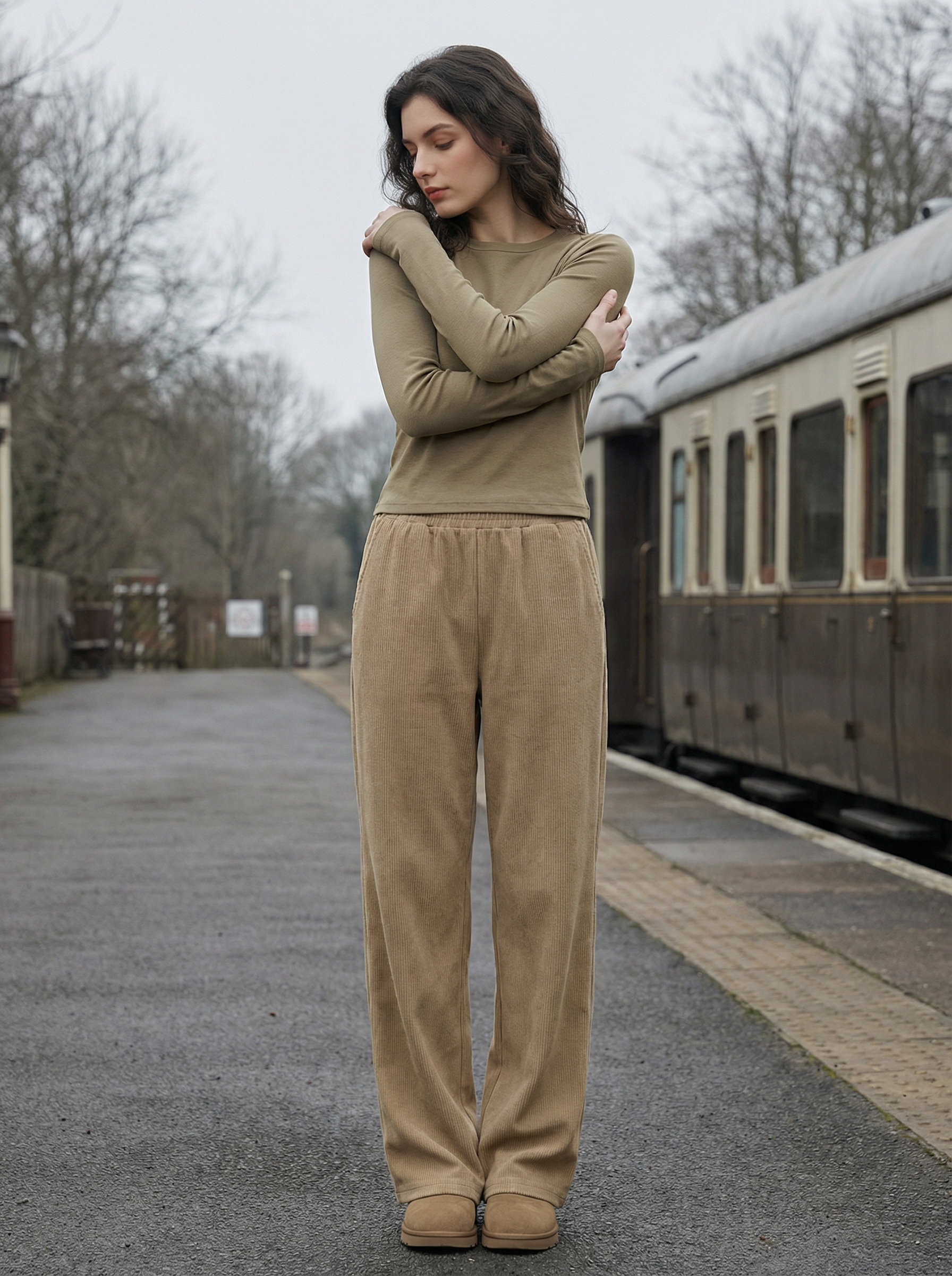 Pantaloni Donna Larghi in Velluto a Coste Morbido con Coulisse