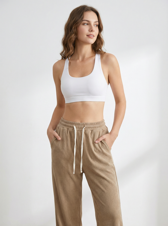 Pantaloni Donna Larghi in Velluto a Coste Morbido con Coulisse Main Image