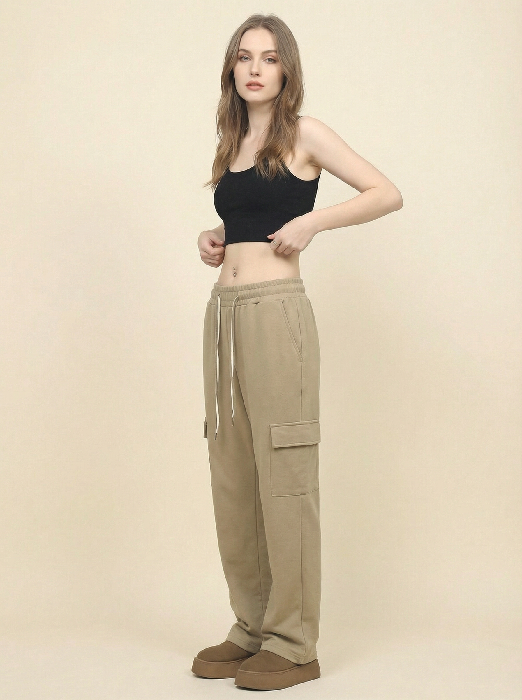 Pantaloni Cargo Donna Loose Fit con Coulisse e Tasche Laterali