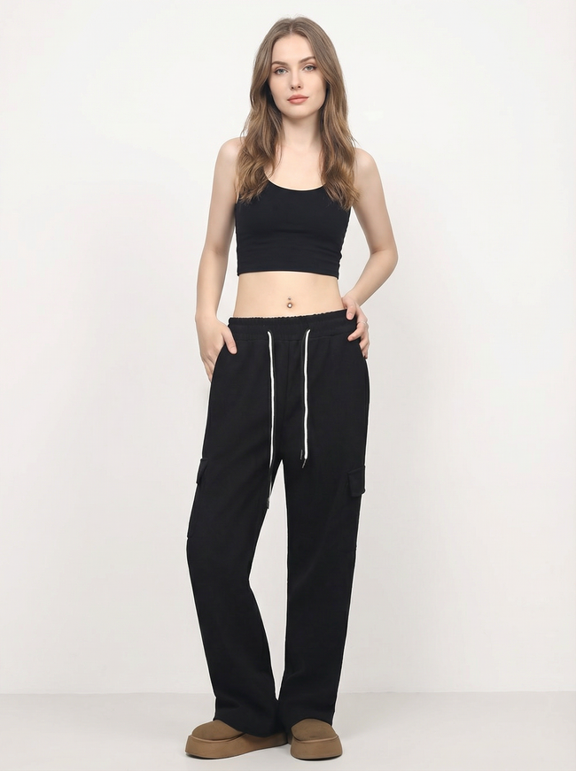 Pantaloni Cargo Donna Loose Fit con Coulisse e Tasche Laterali Hover Image