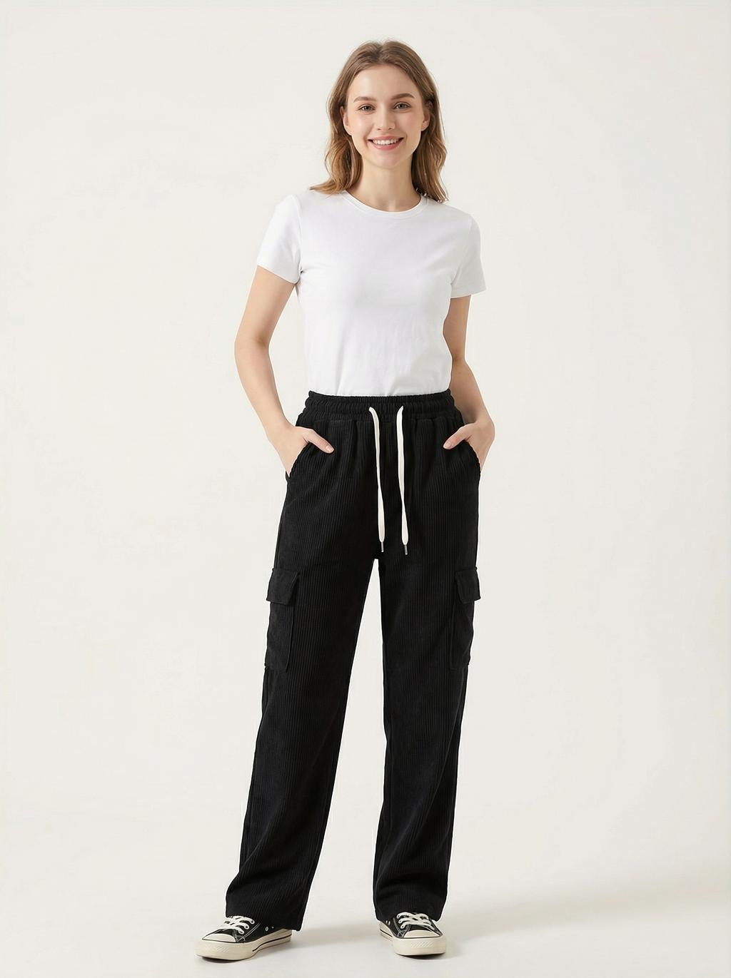 Pantaloni Cargo Donna Loose Fit con Coulisse e Tasche Laterali