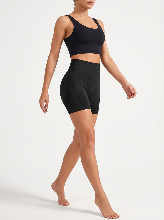 Shorts Fitness Donna Vita Alta Modellanti Push-up Senza Cuciture Nero Hover Image