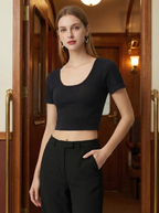 Top Corto a Costine Maniche Corte Scollo Rotondo