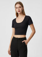 Top Corto a Costine Maniche Corte Scollo Rotondo