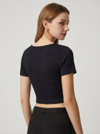 Top Corto a Costine Maniche Corte Scollo Rotondo