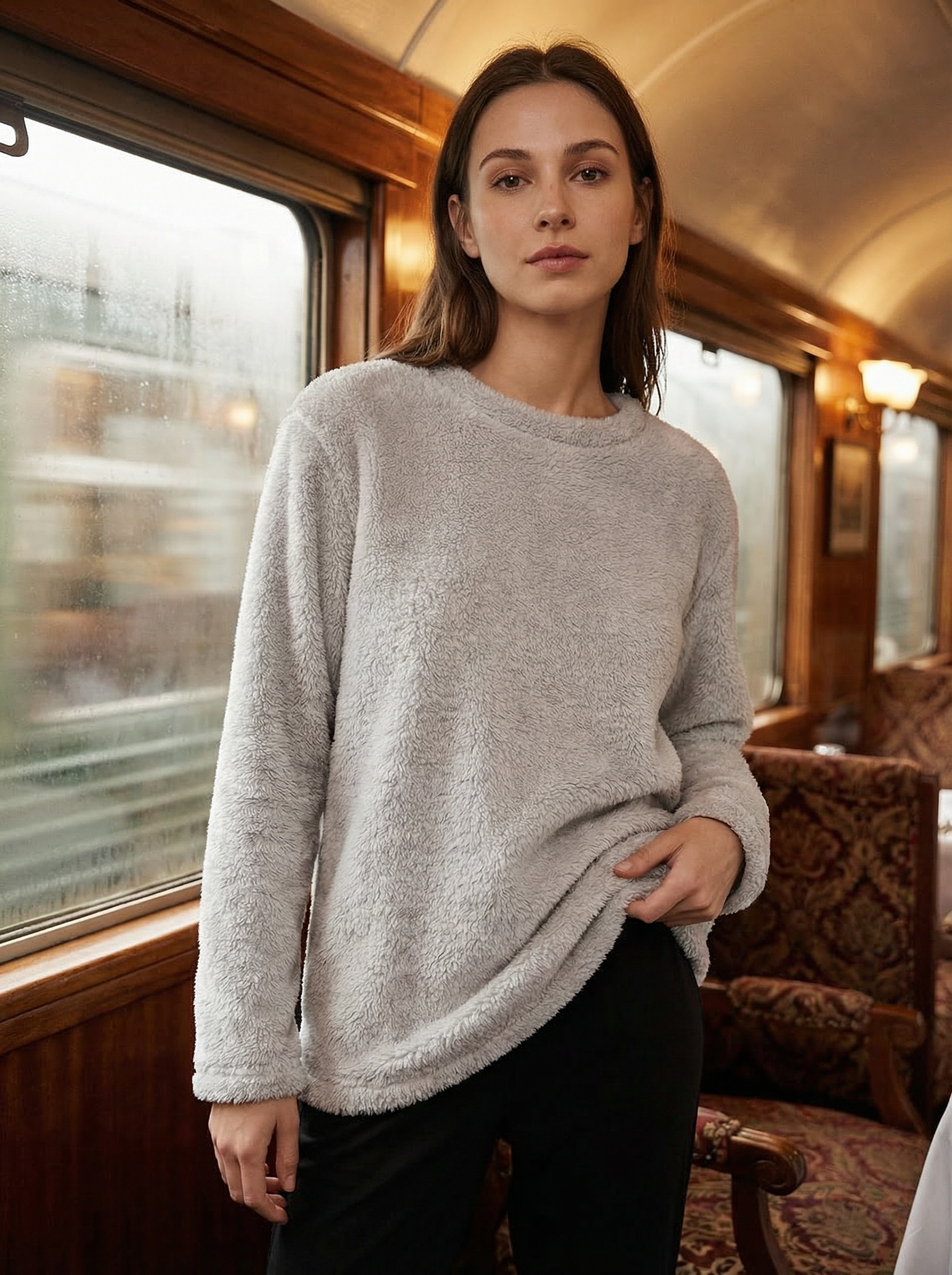 Felpa Oversize Calda e Morbida in Pile Corallo con Tasca