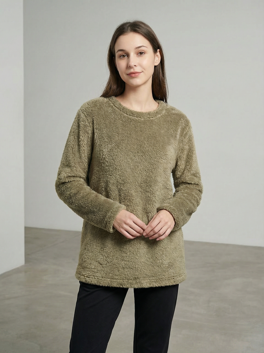 Felpa Oversize Calda e Morbida in Pile Corallo con Tasca