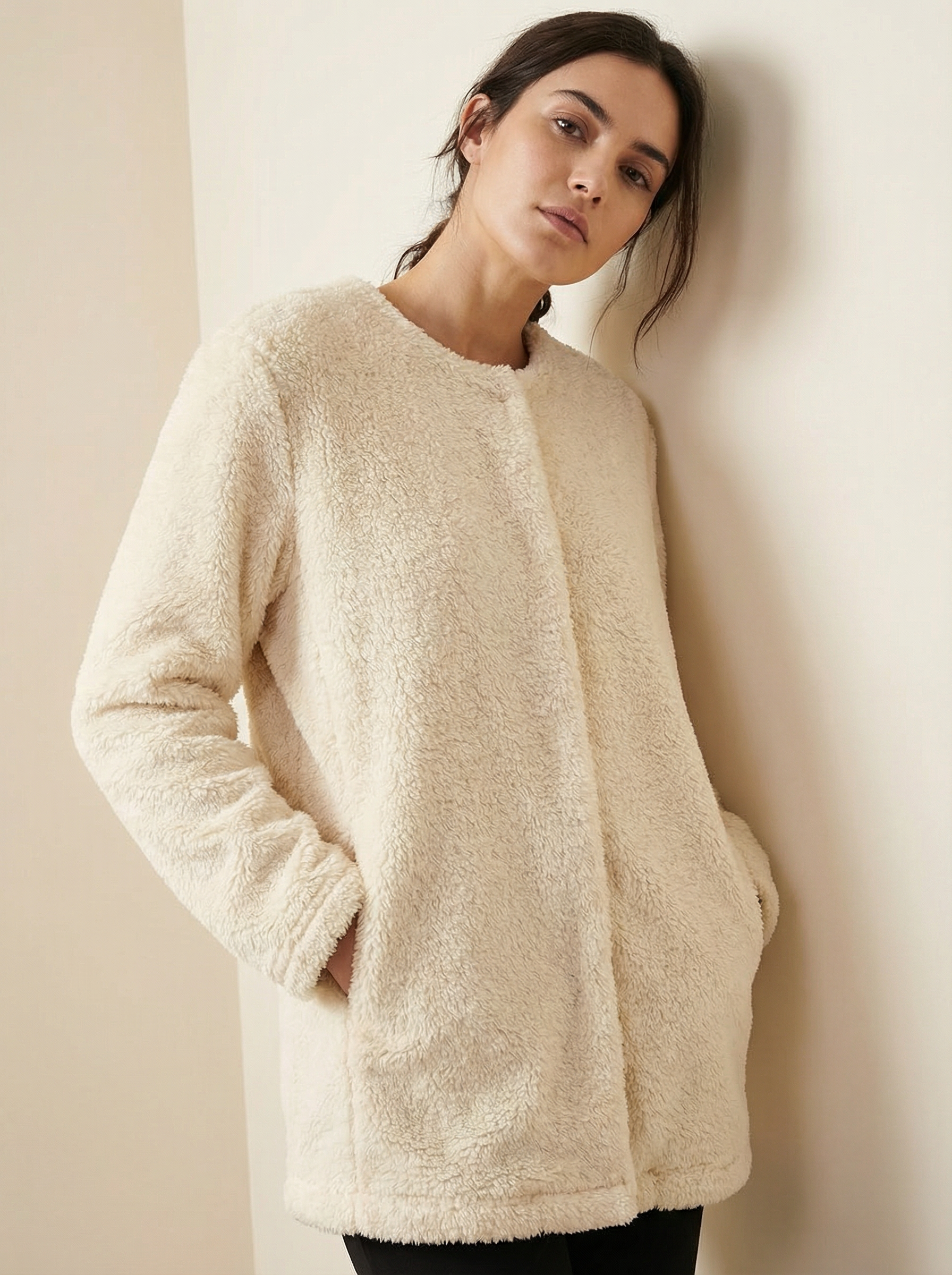 Felpa Oversize Calda e Morbida in Pile Corallo con Tasca