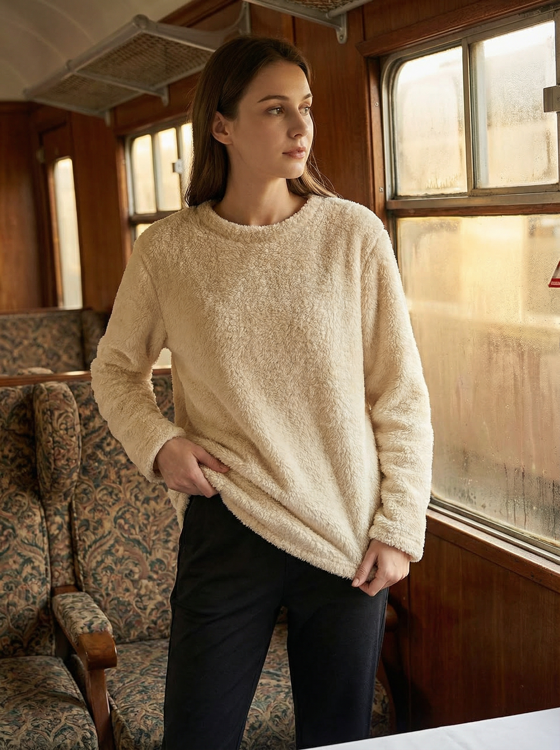 Felpa Oversize Calda e Morbida in Pile Corallo con Tasca