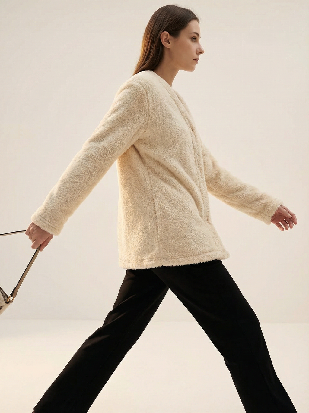 Felpa Oversize Calda e Morbida in Pile Corallo con Tasca