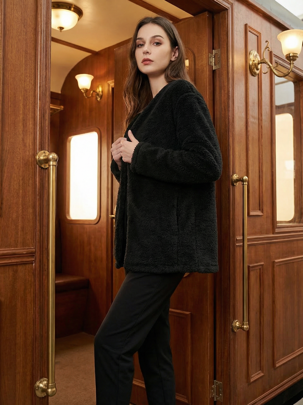 Felpa Oversize Calda e Morbida in Pile Corallo con Tasca