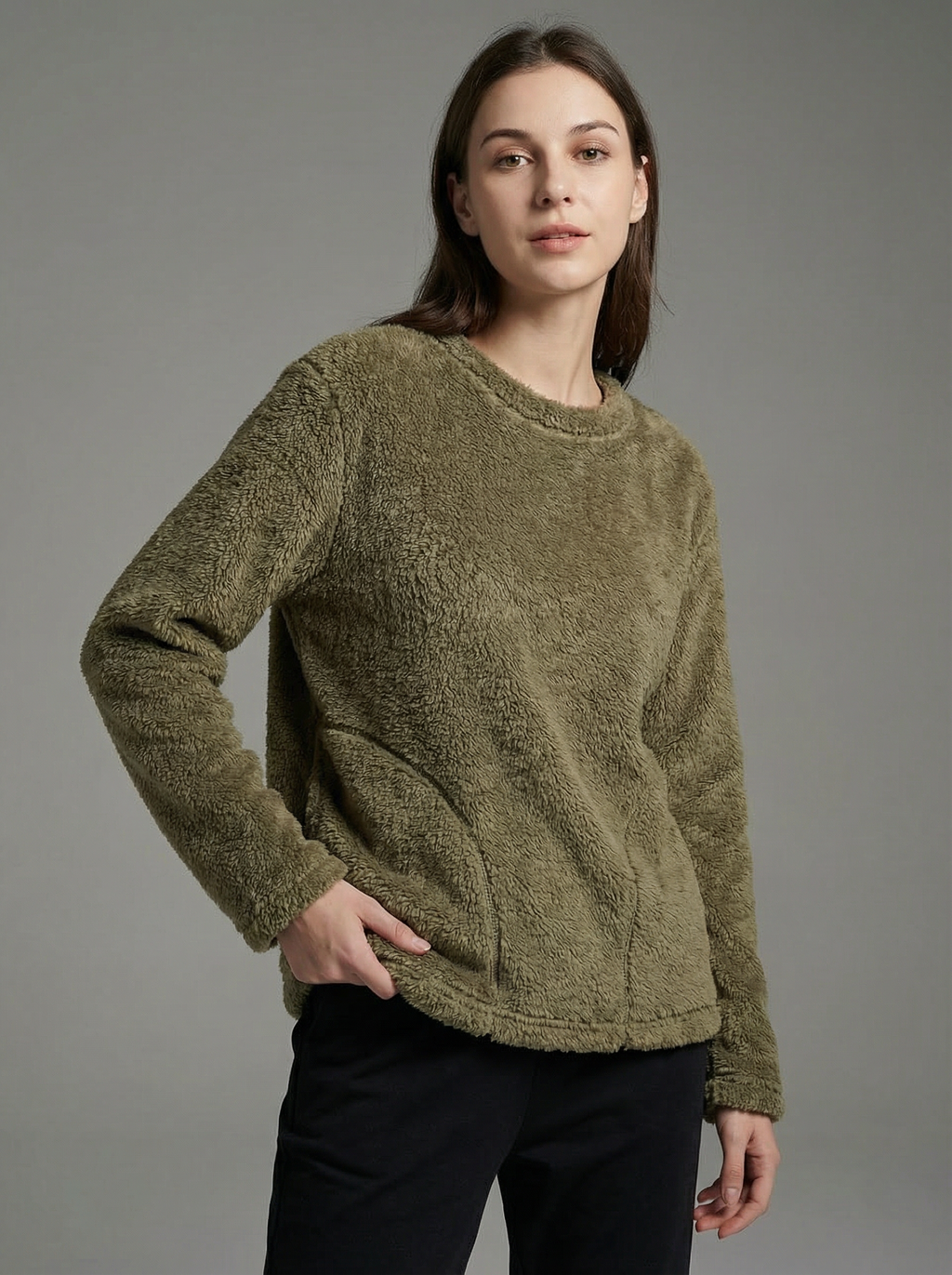 Felpa Oversize Calda e Morbida in Pile Corallo con Tasca