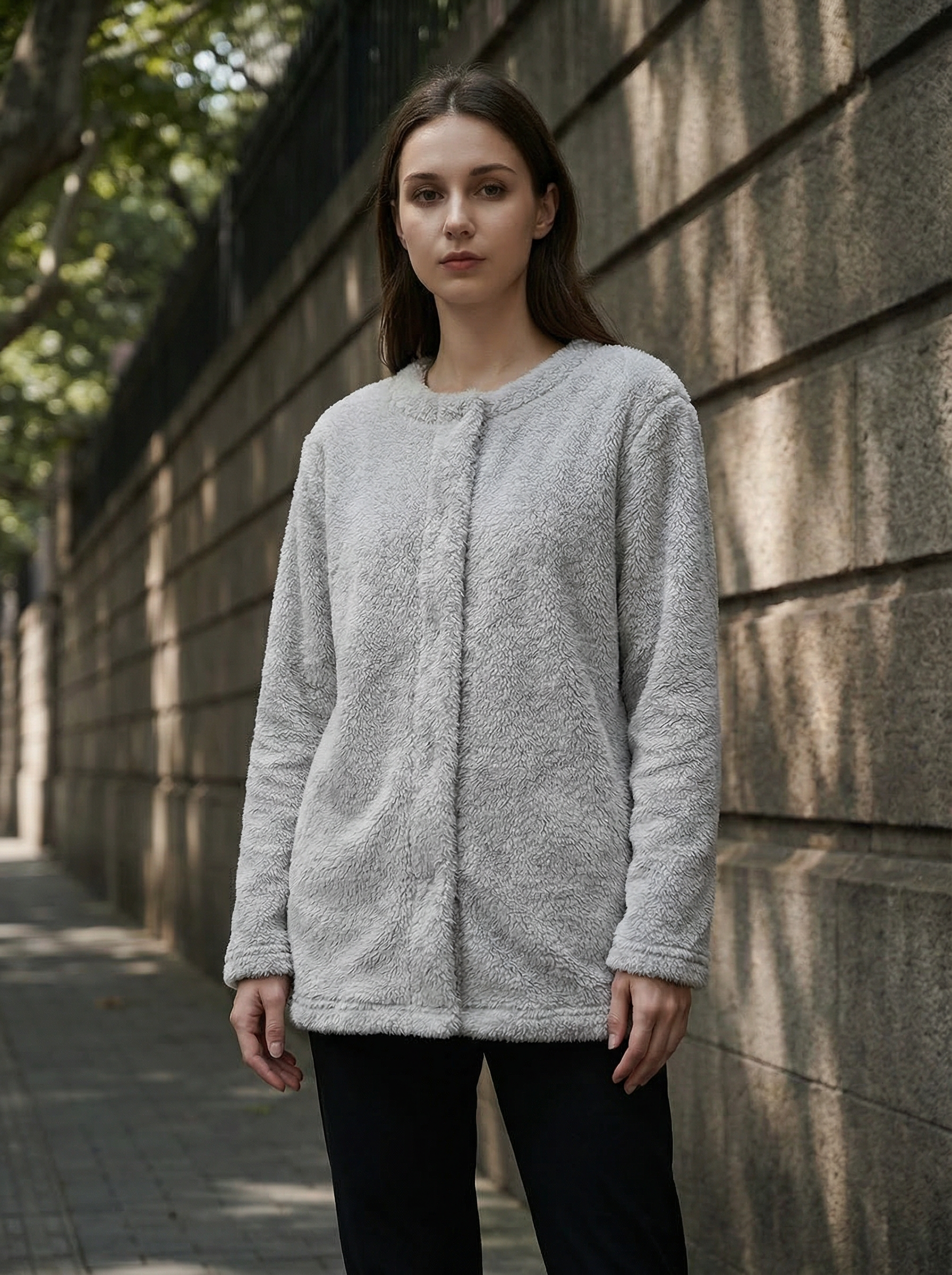 Felpa Oversize Calda e Morbida in Pile Corallo con Tasca