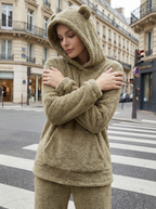 Felpa Oversize Teddy con Cappuccio e Orecchie in Pile Corallo