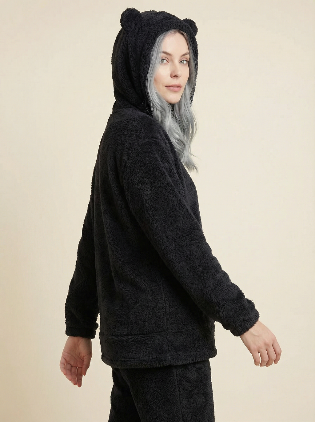 Felpa Oversize Teddy con Cappuccio e Orecchie in Pile Corallo