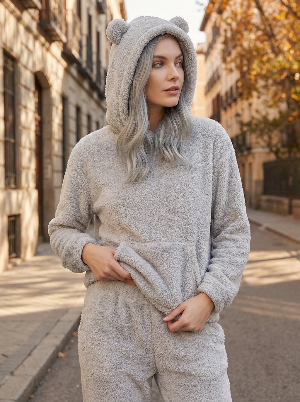 Felpa Oversize Teddy con Cappuccio e Orecchie in Pile Corallo