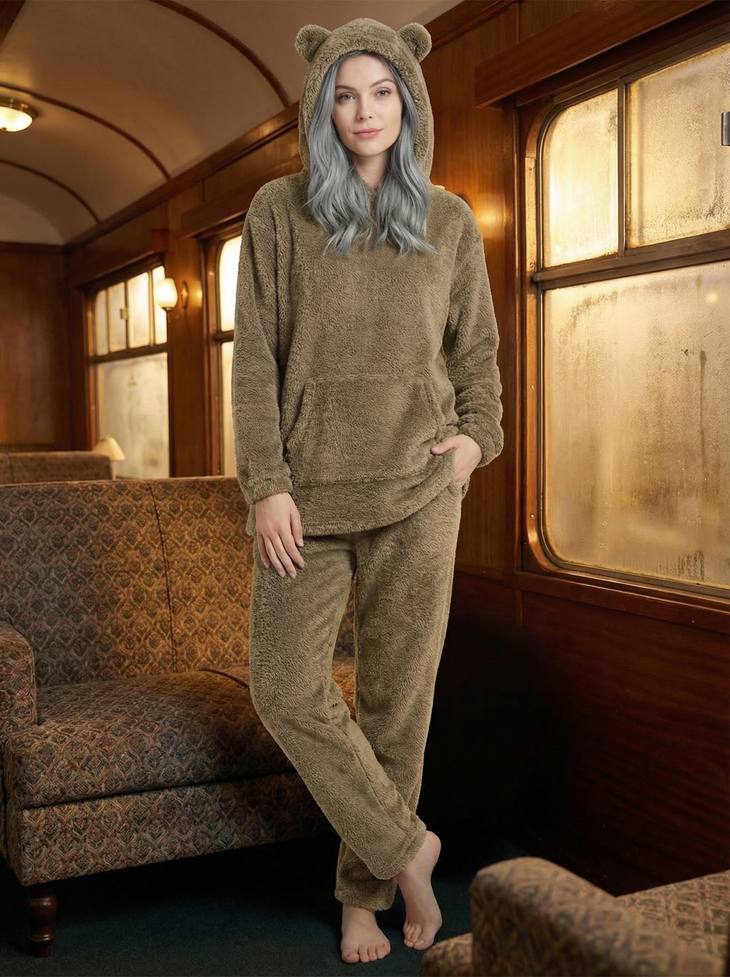 Felpa Oversize Teddy con Cappuccio e Orecchie in Pile Corallo