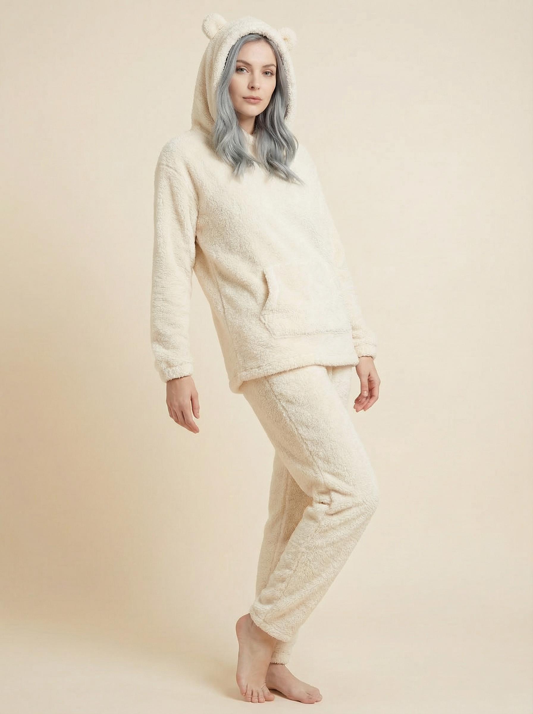 Felpa Oversize Teddy con Cappuccio e Orecchie in Pile Corallo