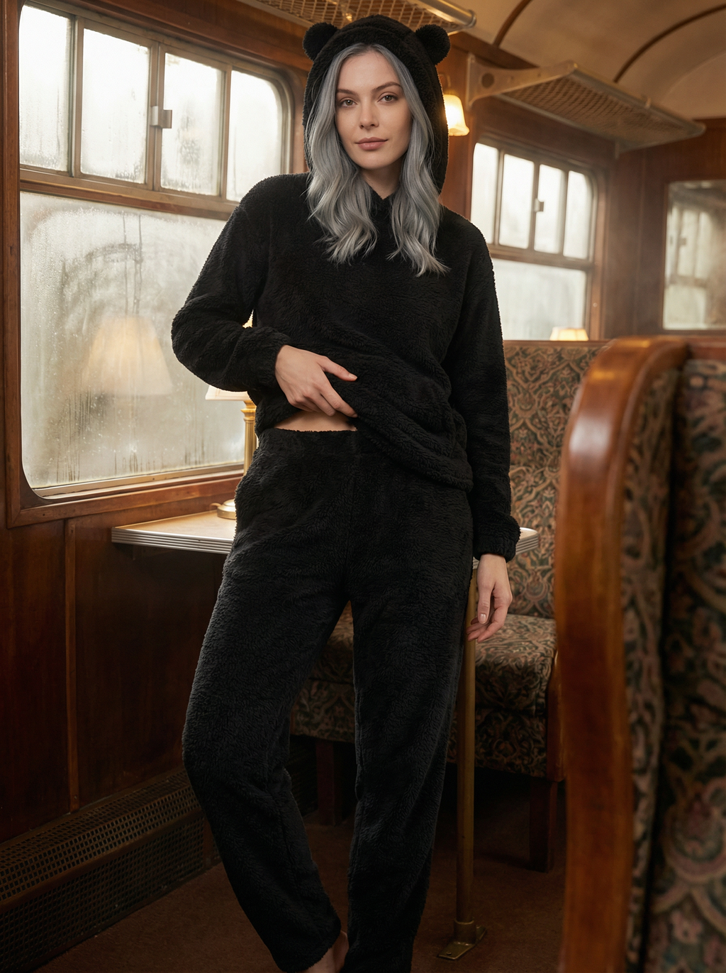 Felpa Oversize Teddy con Cappuccio e Orecchie in Pile Corallo