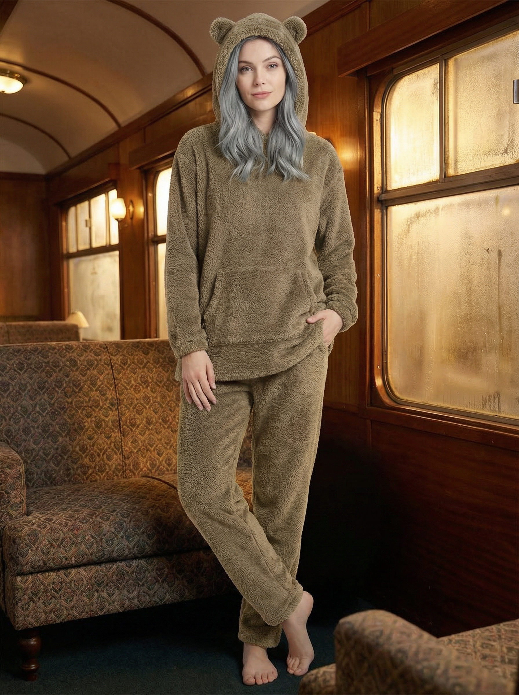 Felpa Oversize Teddy con Cappuccio e Orecchie in Pile Corallo