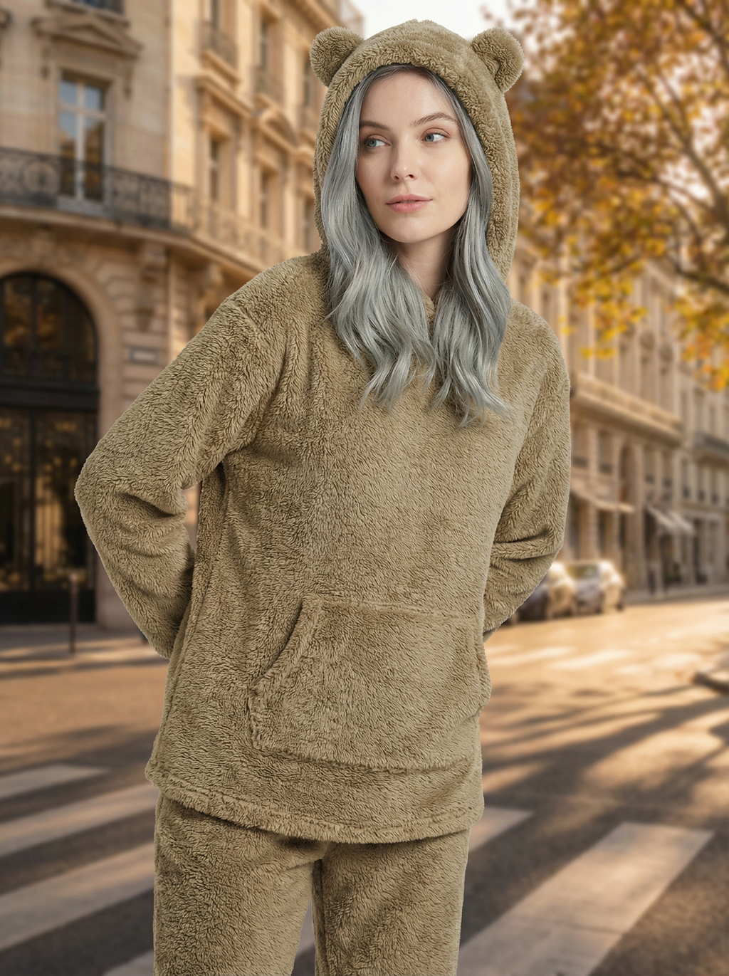 Felpa Oversize Teddy con Cappuccio e Orecchie in Pile Corallo