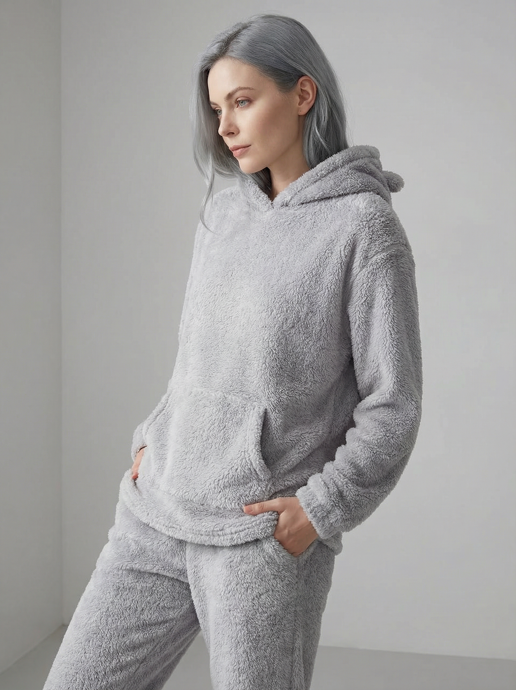 Felpa Oversize Teddy con Cappuccio e Orecchie in Pile Corallo