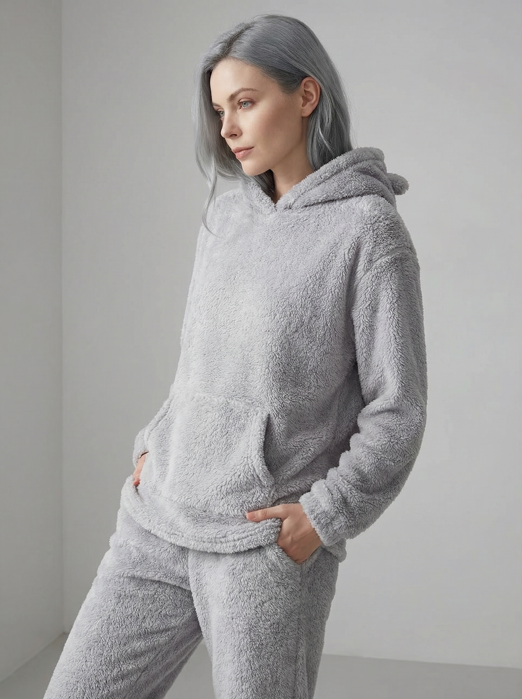 Felpa Oversize Teddy con Cappuccio e Orecchie in Pile Corallo