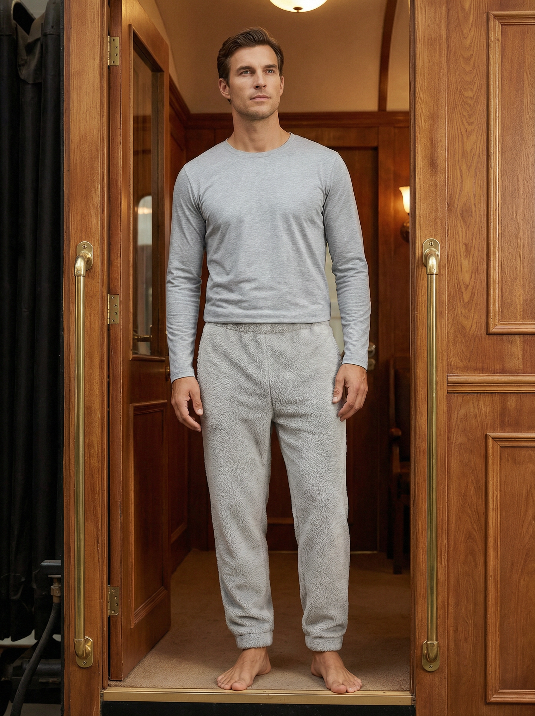 Pantaloni Uomo Homewear in Pile Corallo Morbido con Polsini