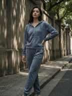 Tuta Sportiva Completa in Velluto Felpato con Cappuccio Donna