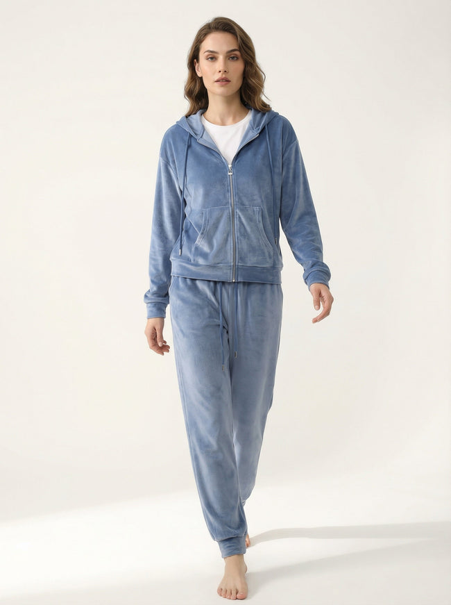 Tuta Sportiva Completa in Velluto Felpato con Cappuccio Donna Hover Image