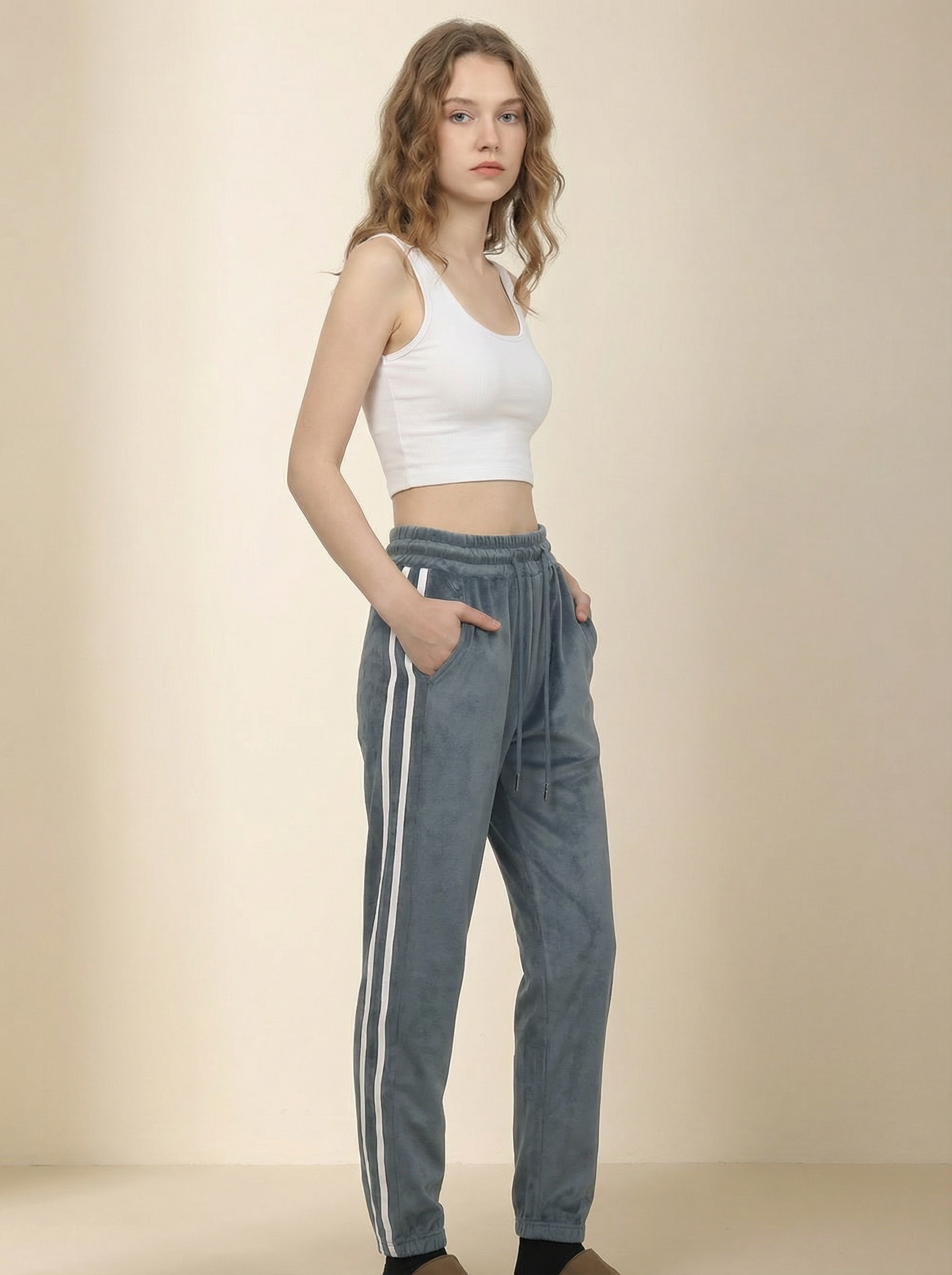 Pantaloni Jogger Sportivi in Velluto con Coulisse e Bande
