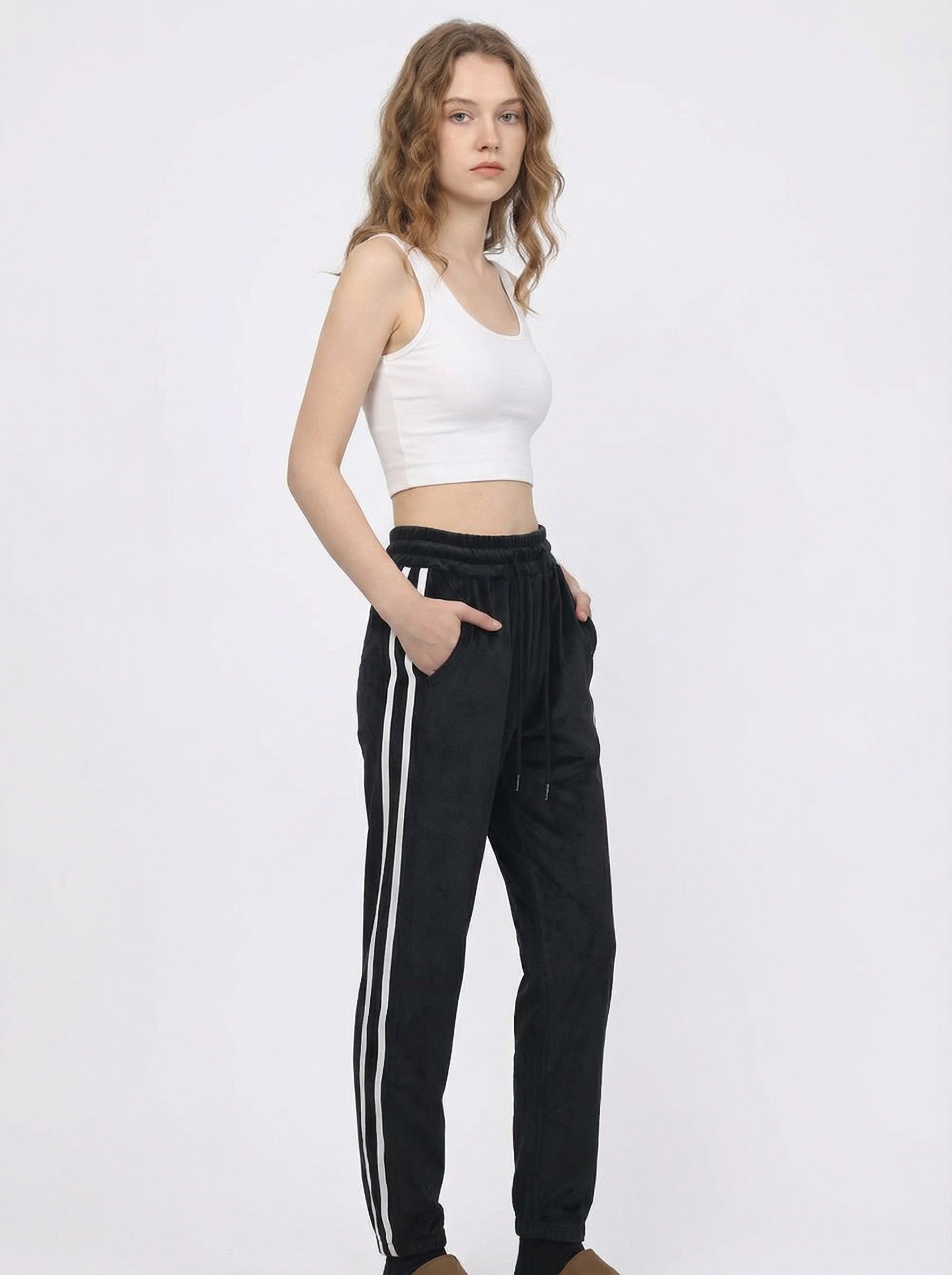 Pantaloni Jogger Sportivi in Velluto con Coulisse e Bande