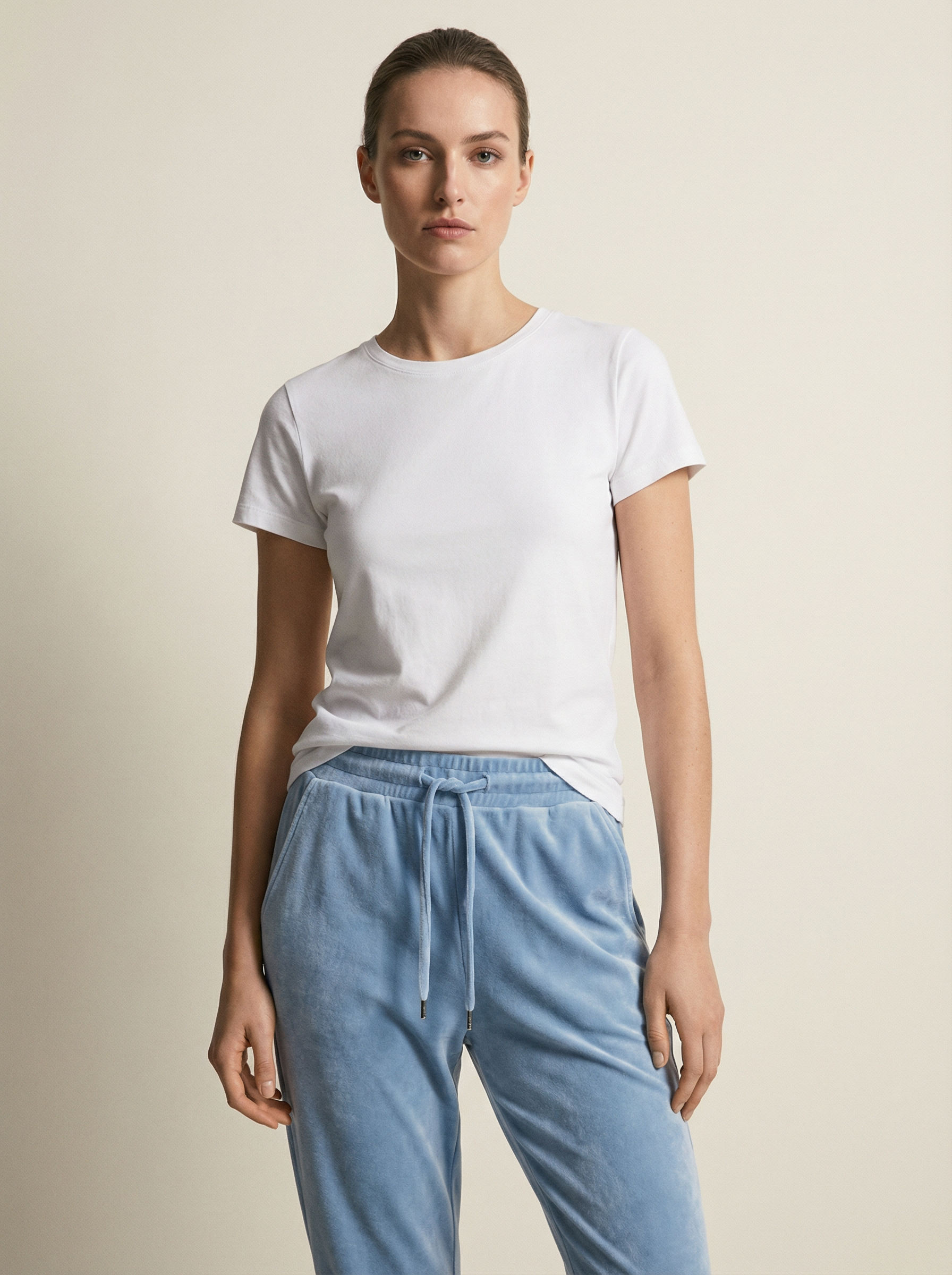 Pantaloni Jogger in Velluto Brillante con Polsini e Coulisse