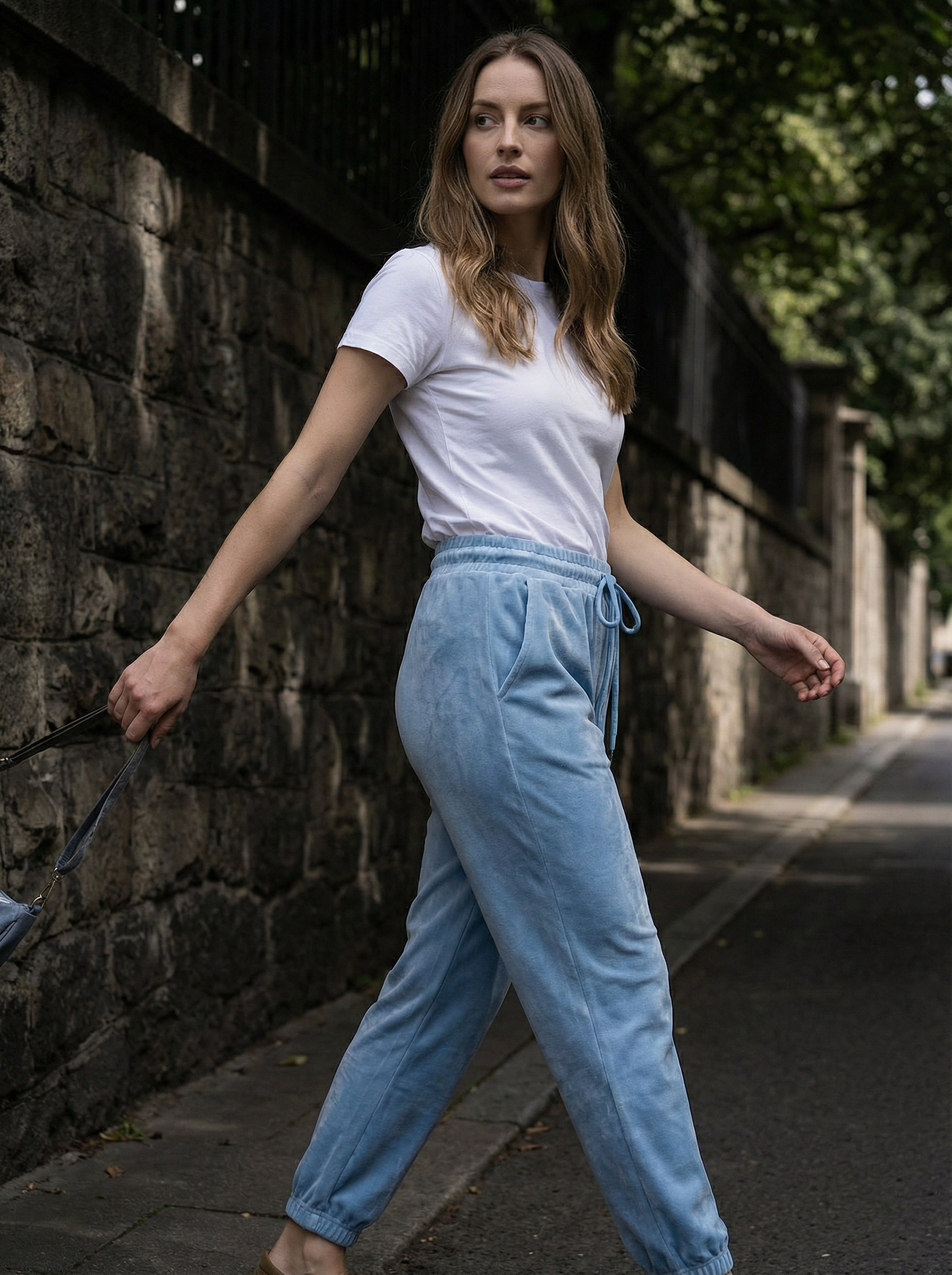 Pantaloni Jogger in Velluto Brillante con Polsini e Coulisse