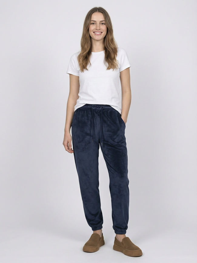 Pantaloni Jogger in Velluto Brillante con Polsini e Coulisse Hover Image