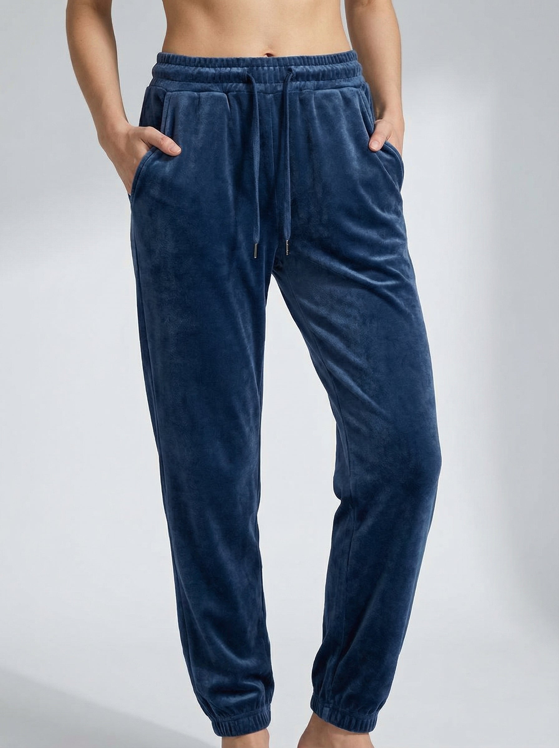 Pantaloni Jogger in Velluto Brillante con Polsini e Coulisse
