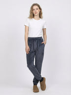 Pantaloni Jogger in Velluto Brillante con Polsini e Coulisse