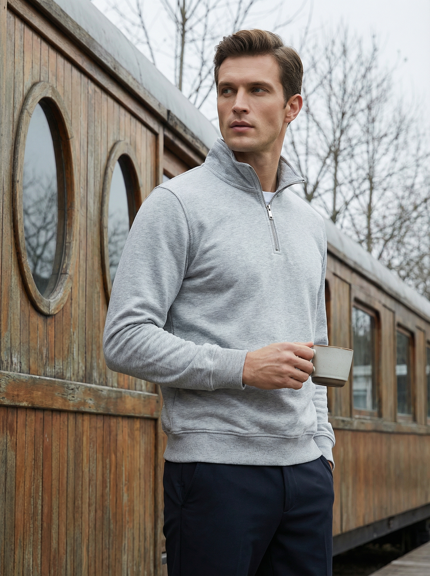 Felpa Uomo con Collo Alto e Mezza Zip