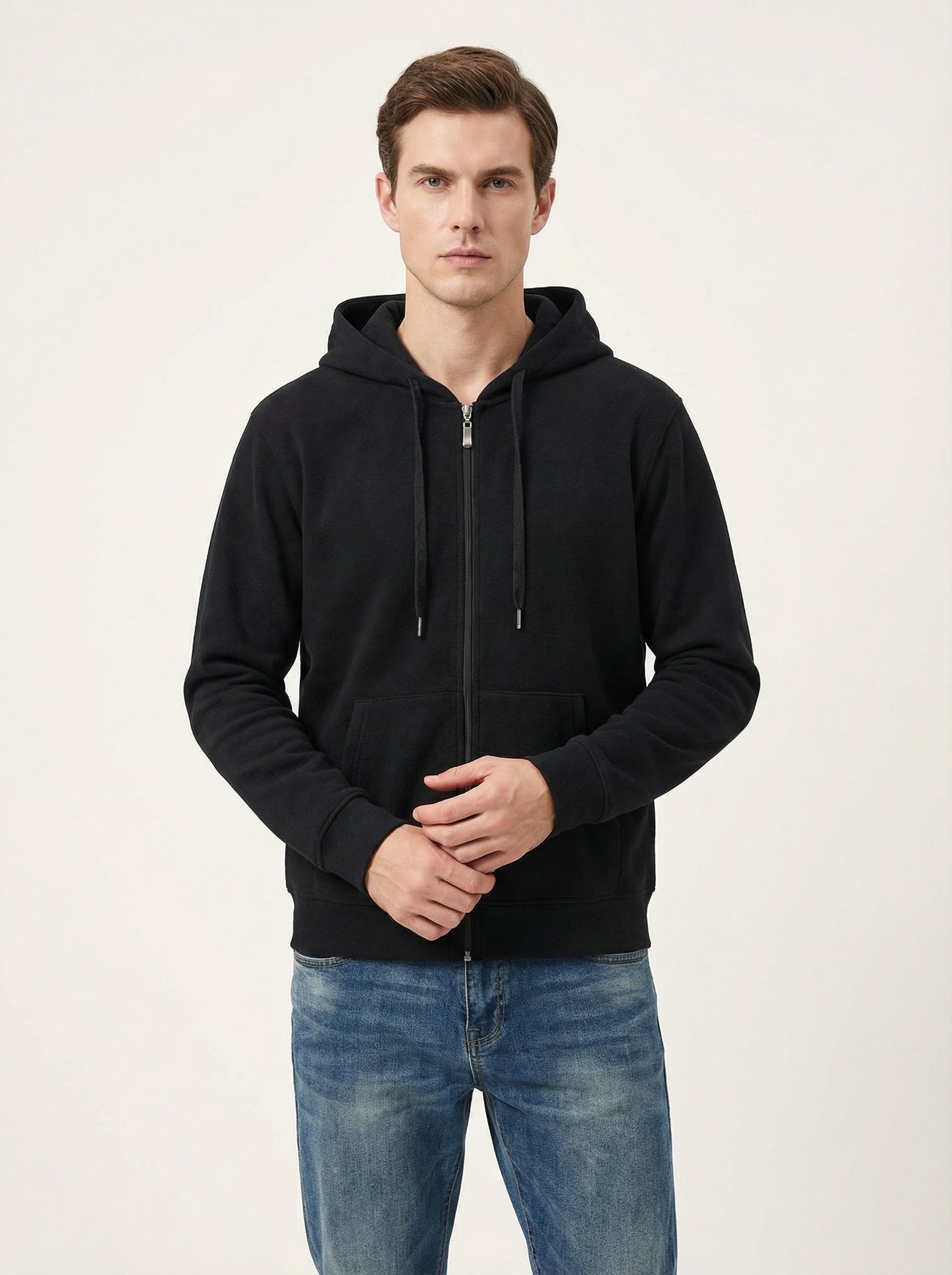 Felpa Uomo con Cappuccio e Zip Nera in Morbido Pile