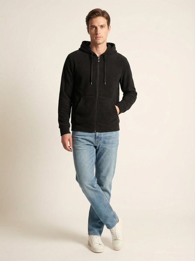 Felpa Uomo con Cappuccio e Zip Nera in Morbido Pile Main Image