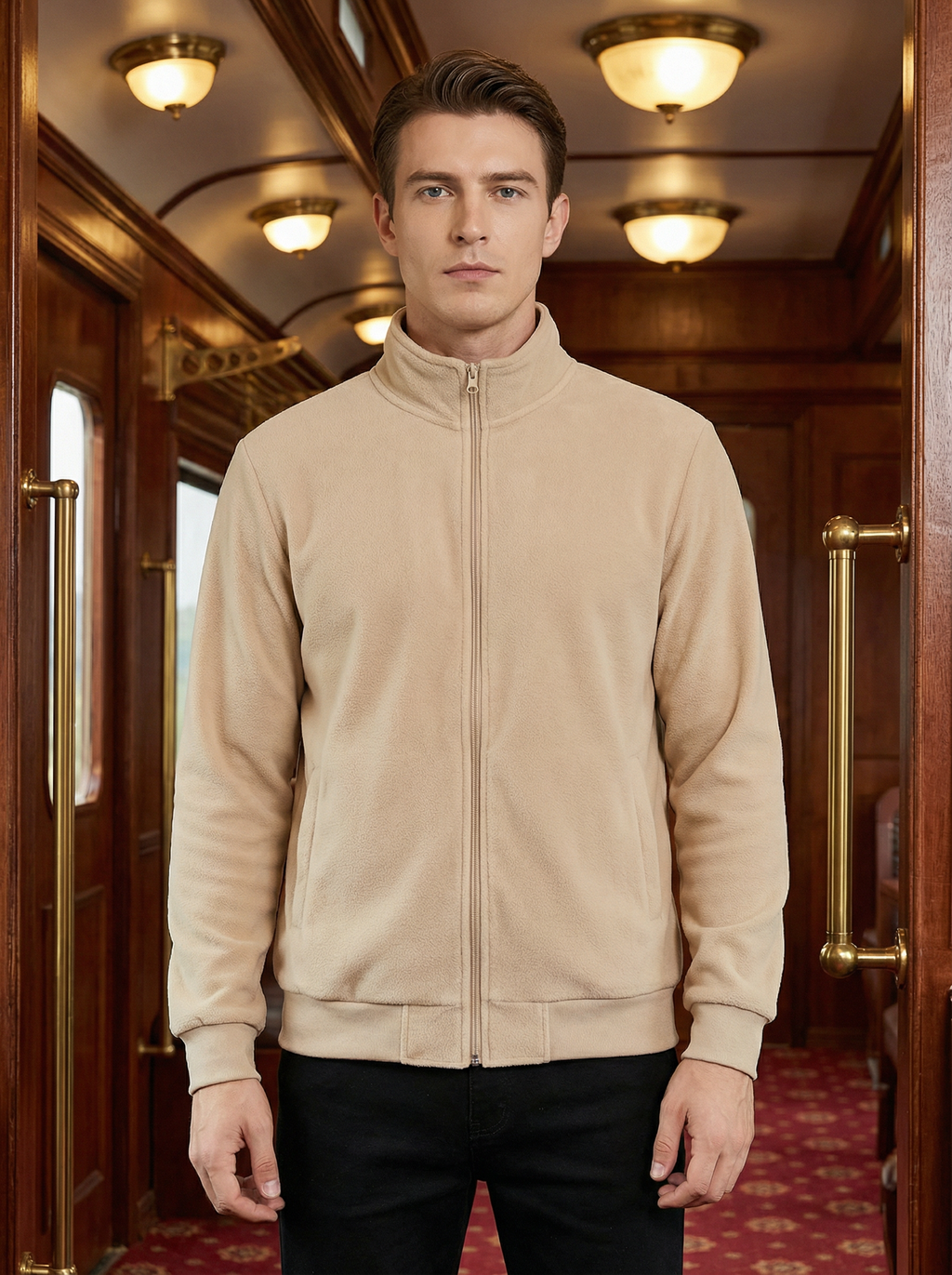 Giacca in Pile Uomo Nera con Cerniera e Collo Alto