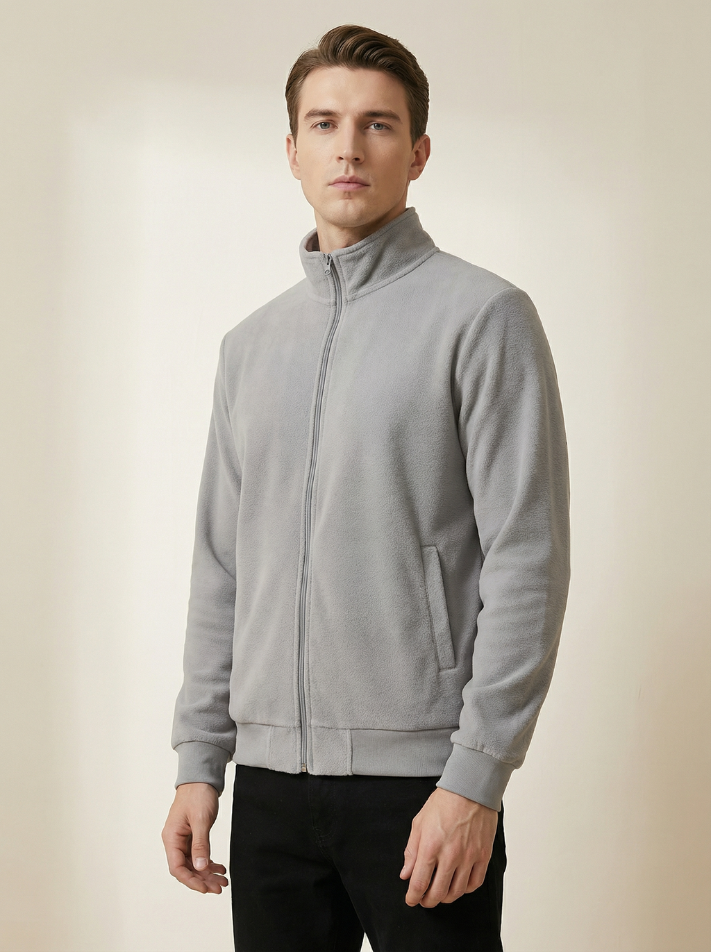 Giacca in Pile Uomo Nera con Cerniera e Collo Alto