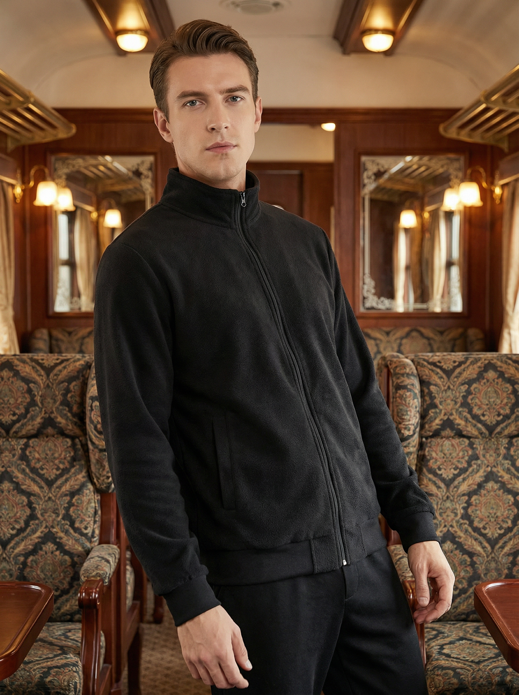 Giacca in Pile Uomo Nera con Cerniera e Collo Alto