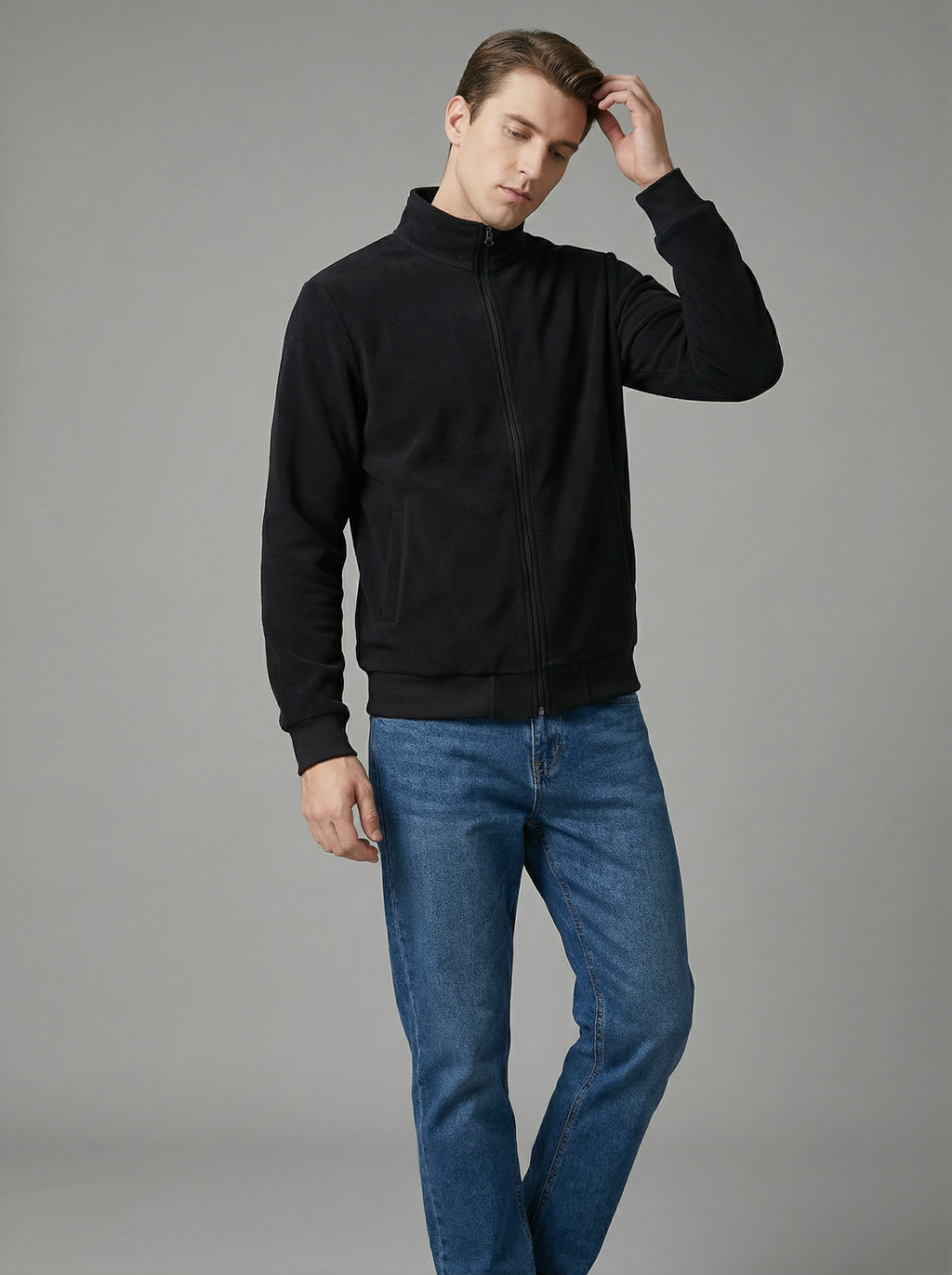 Giacca in Pile Uomo Nera con Cerniera e Collo Alto