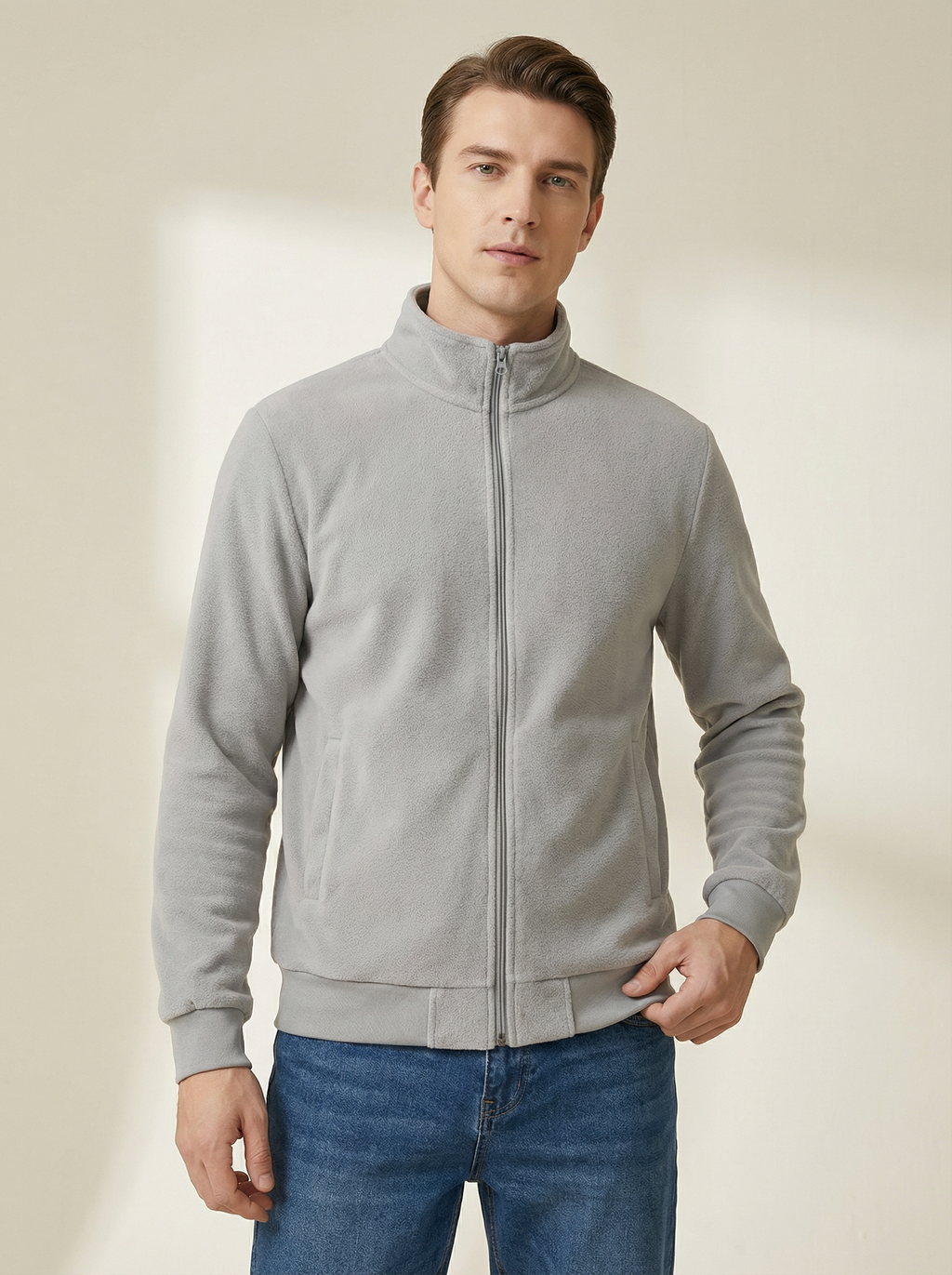 Giacca in Pile Uomo Nera con Cerniera e Collo Alto