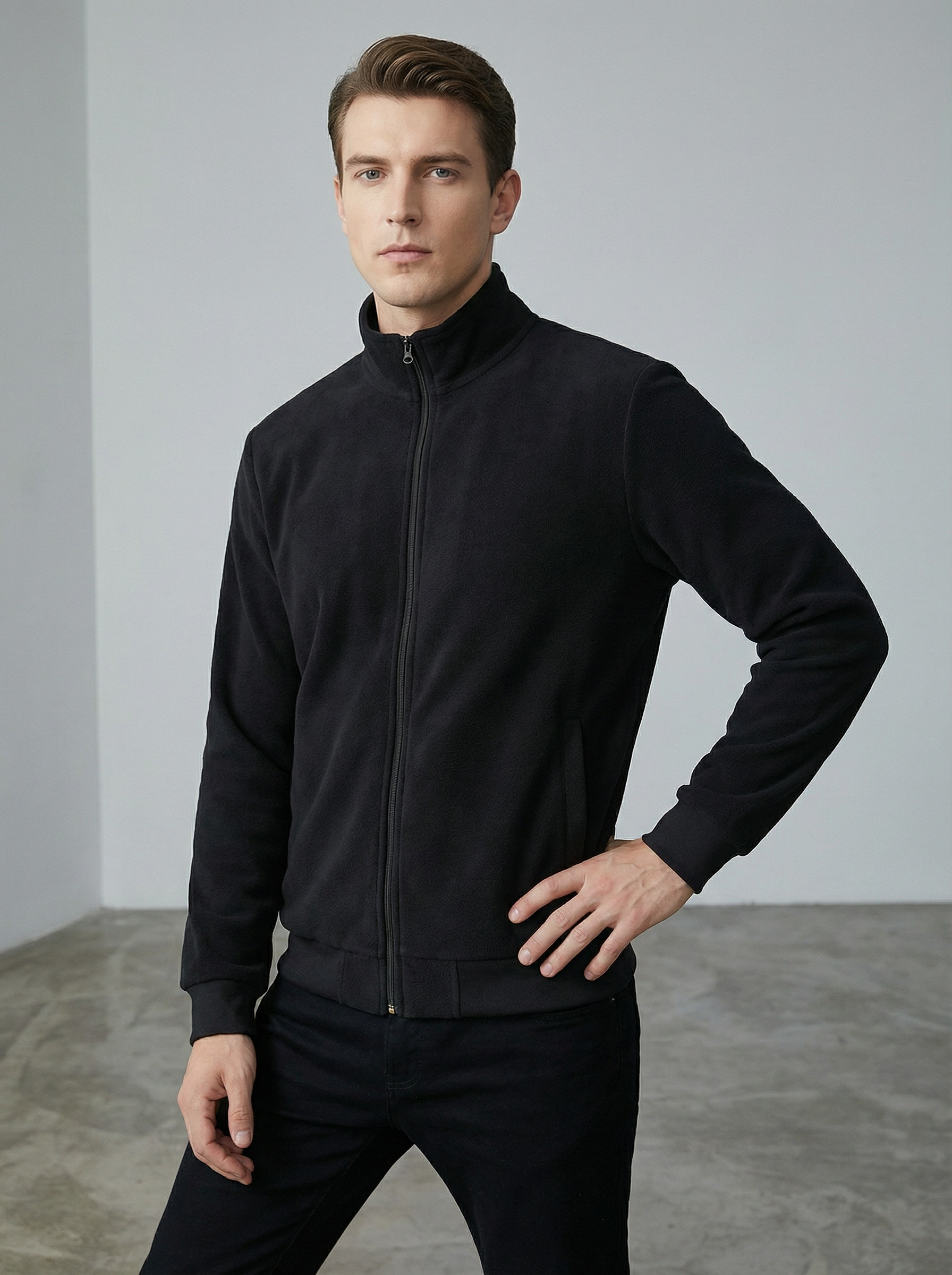 Giacca in Pile Uomo Nera con Cerniera e Collo Alto