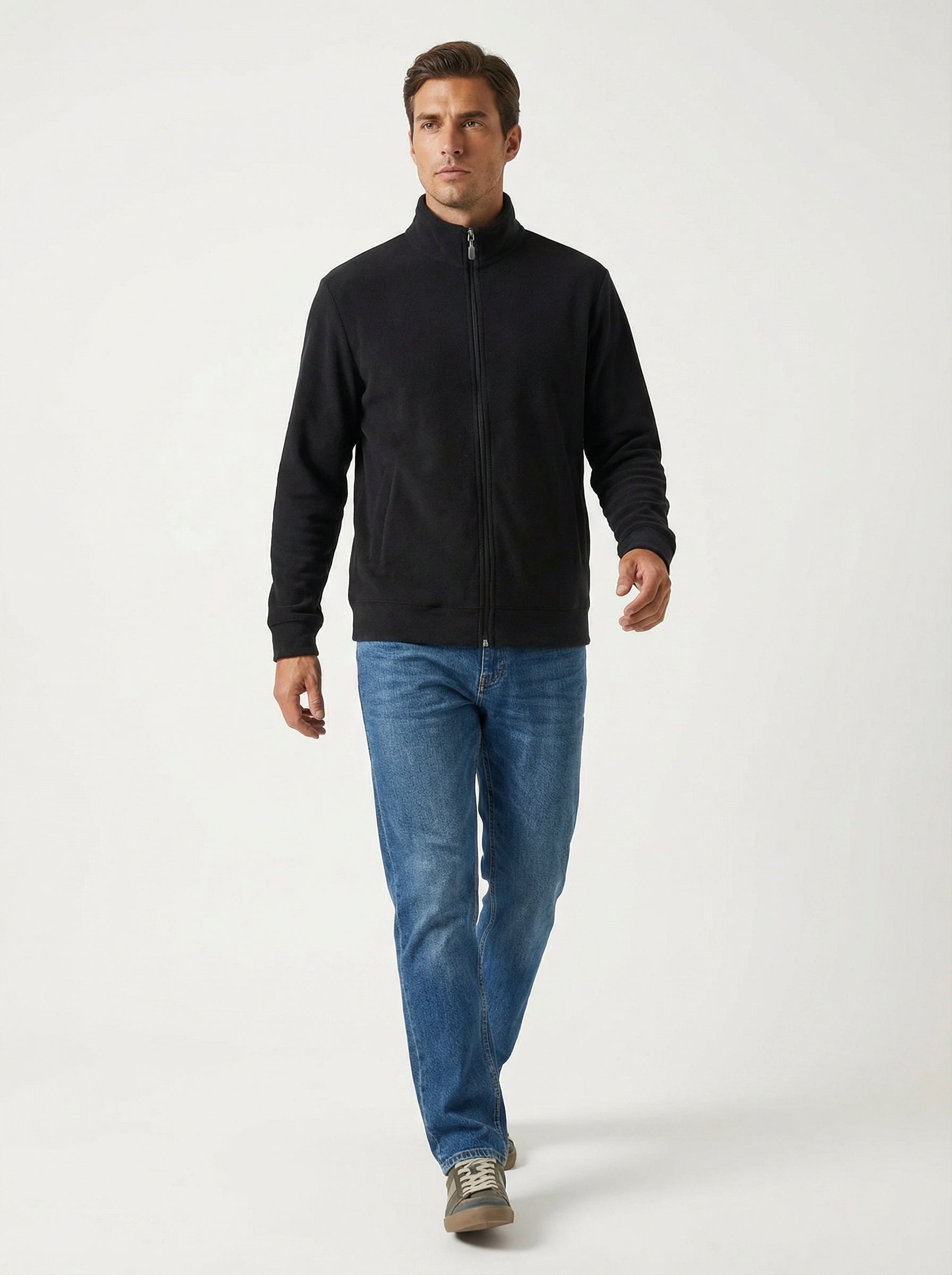 Giacca in Pile Uomo Nera con Cerniera e Collo Alto