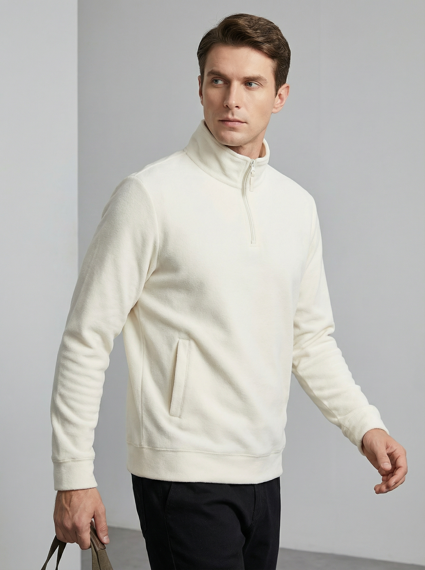 Felpa Uomo Nera Collo Alto in Pile con Mezza Zip