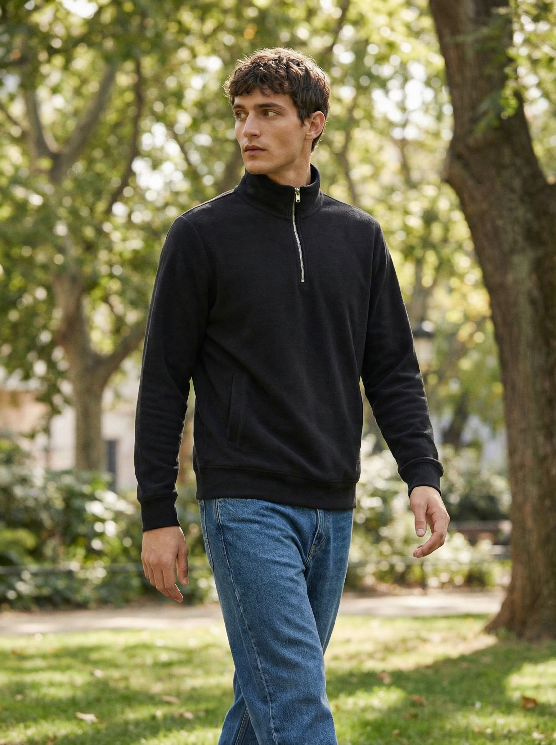 Felpa Uomo Nera Collo Alto in Pile con Mezza Zip