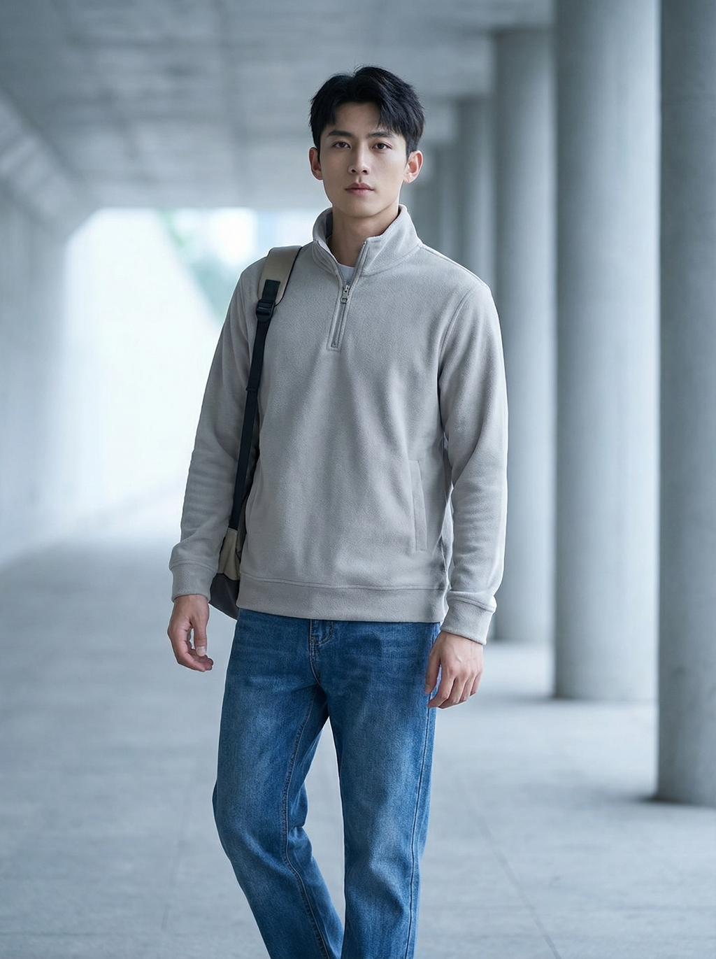 Felpa Uomo Nera Collo Alto in Pile con Mezza Zip